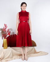 Athena Satin Pleated Cheongsam Dress - Burgundy