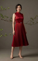 Athena Satin Pleated Cheongsam Dress - Burgundy