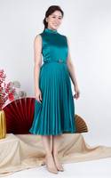 Athena Satin Pleated Cheongsam Dress - Teal