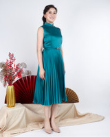 Athena Satin Pleated Cheongsam Dress - Teal