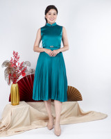 Athena Satin Pleated Cheongsam Dress - Teal