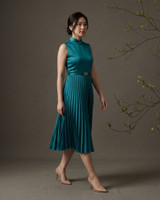 Athena Satin Pleated Cheongsam Dress - Teal