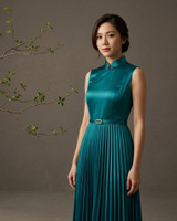 Athena Satin Pleated Cheongsam Dress - Teal