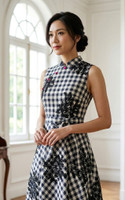Kasie Checkered Cheongsam Dress - Midnight Blue