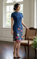 Joyous Batik Bloom Cheongsam - Navy