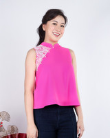 Primrose Lace Appliqué Mandarin Collar Top - Magenta