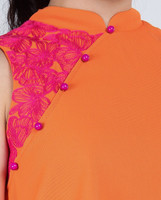 Primrose Lace Appliqué Mandarin Collar Top - Tangerine