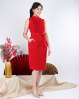 Roselle Pintuck Pencil Cheongsam - Vermillion