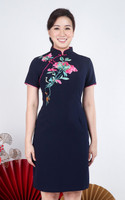 Radiance Embroidered Cheongsam Dress - Navy