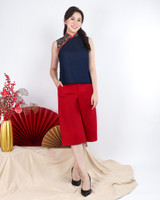 Heidi Contrast Denim Cheongsam Top - Red