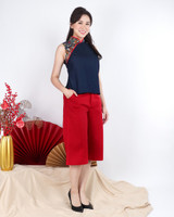 Heidi Contrast Denim Cheongsam Top - Red