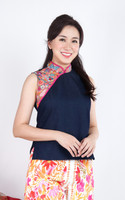 Heidi Contrast Denim Cheongsam Top - Pink