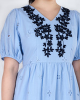 Claudette Floral Motif Eyelet Dress - Cornflower Blue