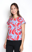 Lucia Leaf Print Notch Neck Top - Red