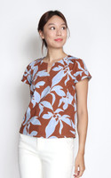 Lucia Leaf Print Notch Neck Top - Brown