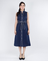 Hannah Polka Dot Notch Neck Dress - Navy