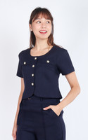 Kylee Button Down Sleeved Crop Top - Navy