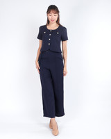 Kylee Button Down Sleeved Crop Top - Navy