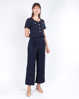 Kylee Button Down Sleeved Crop Top - Navy