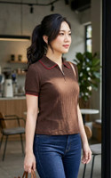 Kiley Ribbed Collar Top - Brown