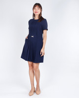 Marcia Sleeved Pleated Dress - Navy
