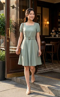 Mariste Belted Puff Sleeve Dress - Sage