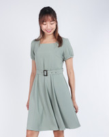 Mariste Belted Puff Sleeve Dress - Sage