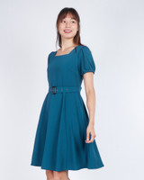 Mariste Belted Puff Sleeve Dress - Teal Blue
