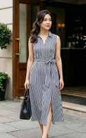 Juleat Collared Striped Midi Dress - Navy