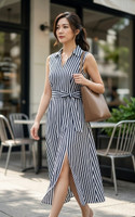 Juleat Collared Striped Midi Dress - Navy