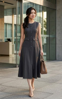 Leah Button Front Flare Midi Dress - Grey