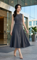 Leah Button Front Flare Midi Dress - Grey