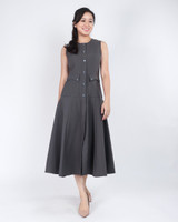 Leah Button Front Flare Midi Dress - Grey