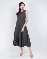 Leah Button Front Flare Midi Dress - Grey