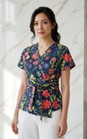 Camillia Floral Obi Sash Top - Navy 