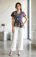 Camillia Floral Obi Sash Top - Navy 