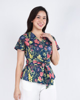 Camillia Floral Obi Sash Top - Navy 