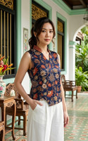 Mulberrie Batik Silky Top - Navy Floral/Ferns