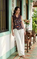 Mulberrie Batik Silky Top - Navy Floral/Ferns
