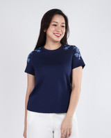 Scarlette Embroidered Sleeves Tee Top - Navy