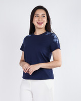 Scarlette Embroidered Sleeves Tee Top - Navy