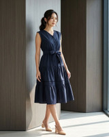 Vella Eyelet Trim Tiered Dress - Navy