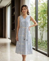Clementine Embroidered Linen Dress - Blue