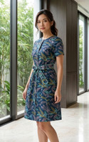 Esmeralda Leaf Printed Dress - Navy