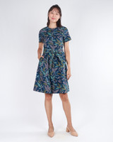 Esmeralda Leaf Printed Dress - Navy