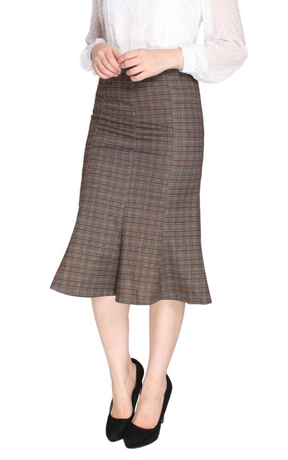 Checkered Flute Hem Skirt - Brown