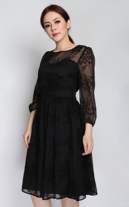 Velvet Motif Chiffon Dress - Black