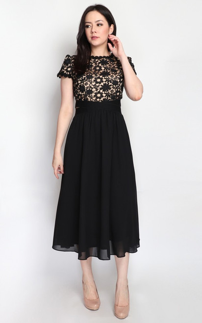 crochet lace top chiffon midi dress