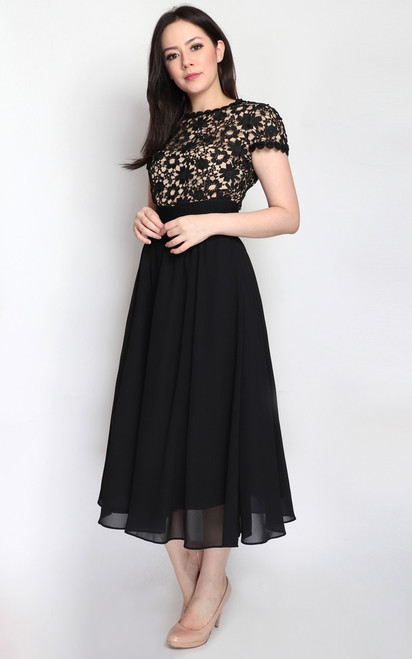 crochet lace top chiffon midi dress