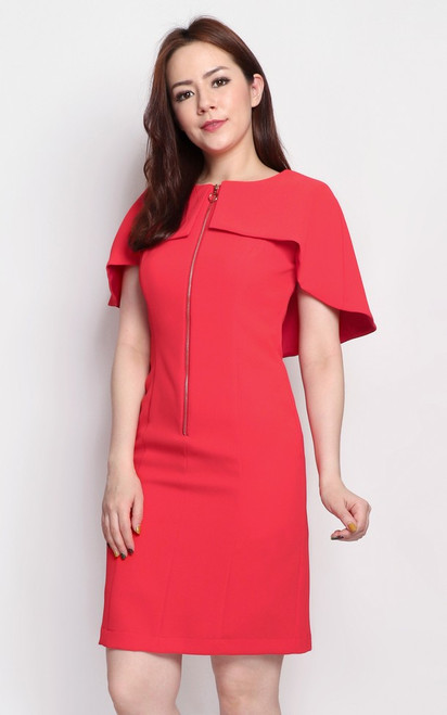 Zipper Cape Dress - Vermillion